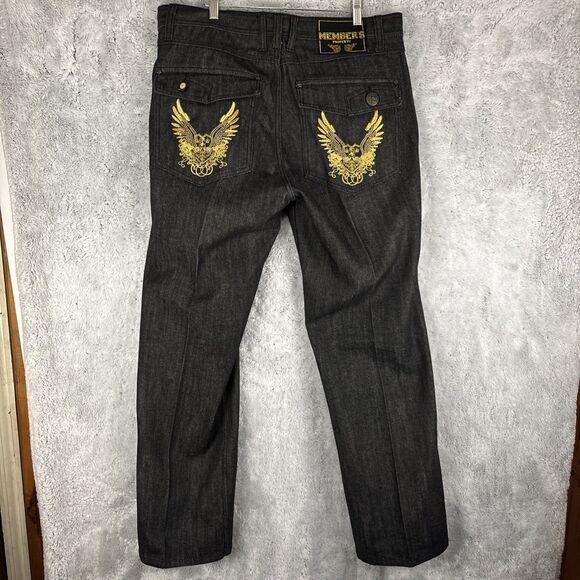 Vintage Y2K Members Property Embroidered Baggy Leg Denim Jeans Size 36x32 - Picture 1 of 8